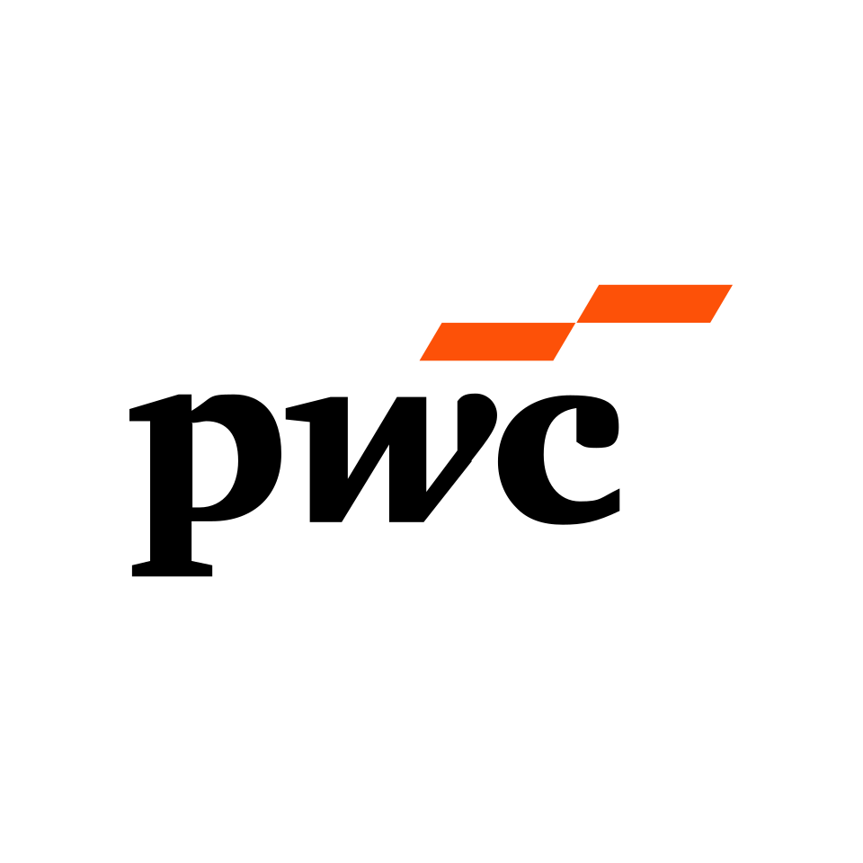 PwC 2025 logo — wordmark with two orange parallelogram shapes replacing the multicolored emblem